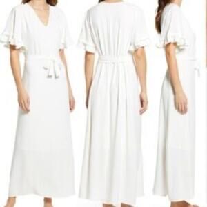 Fraiche by J Women's White Flutter Sleeve Tie Shift Maxi Dress Size Small